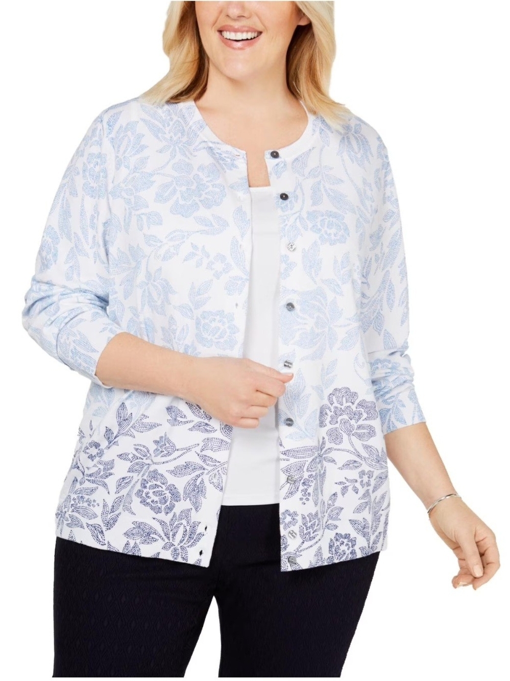 Karen Scott White and Light Blue Floral Cardigan Sweater